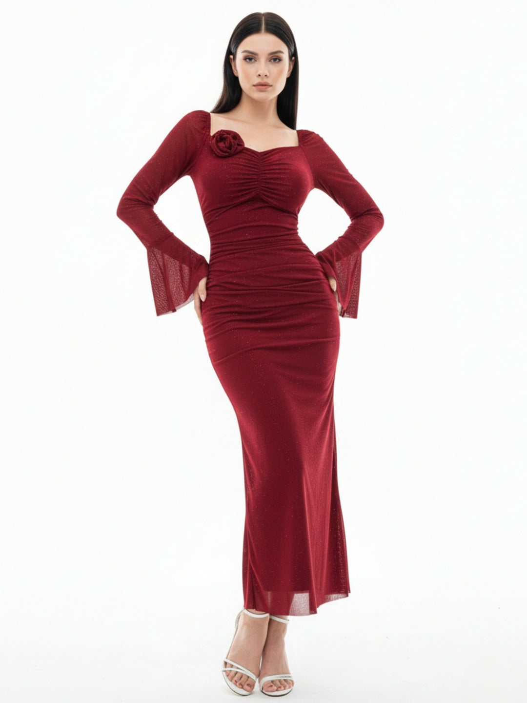 Maroon Bell Sleeve Sweatheart Neck Dress