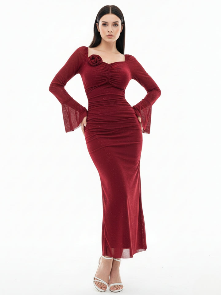 Maroon Bell Sleeve Sweatheart Neck Dress