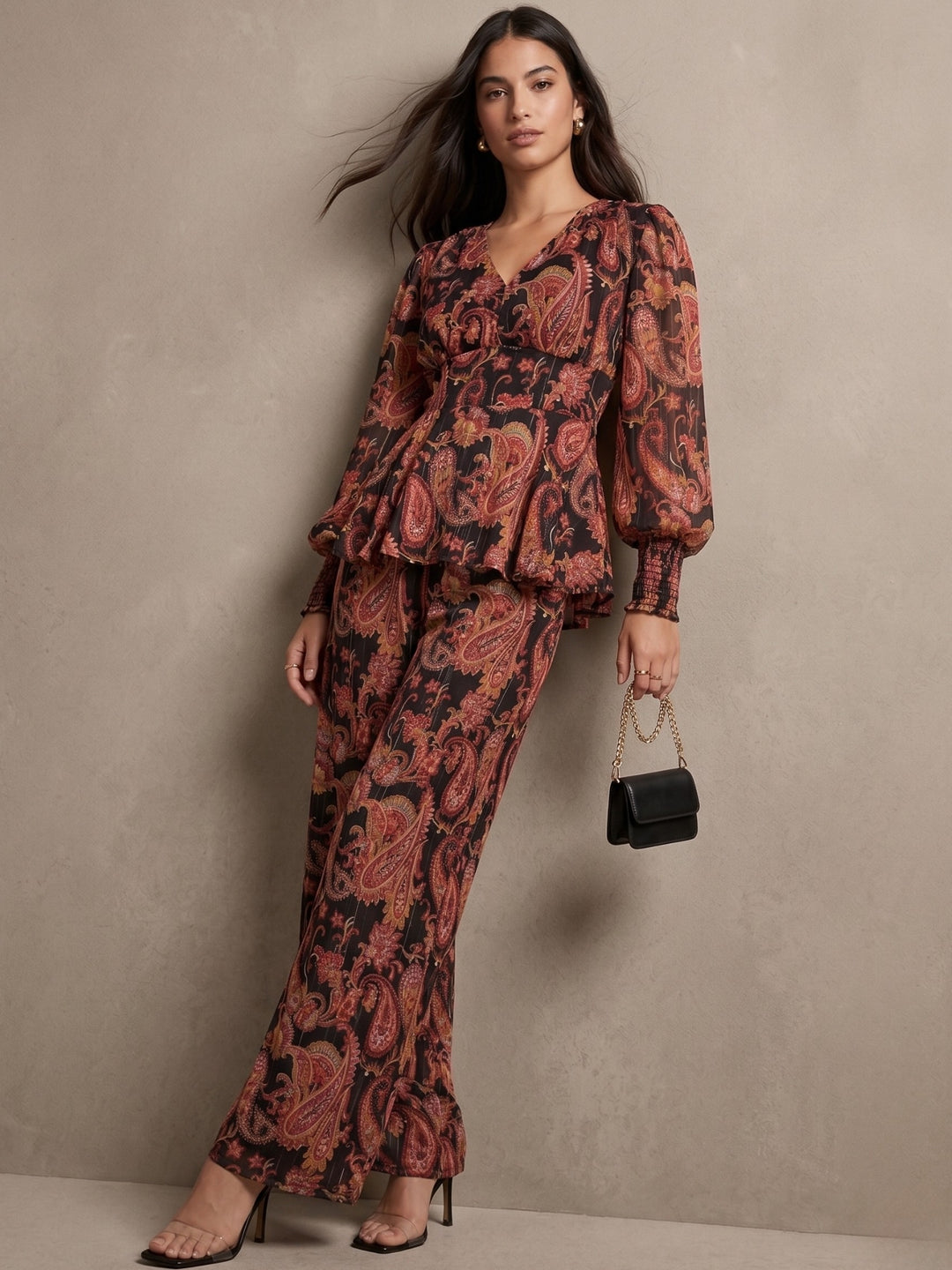Brown Balloon Sleeve Peplum Top Coord Set With Wide Leg Trouser