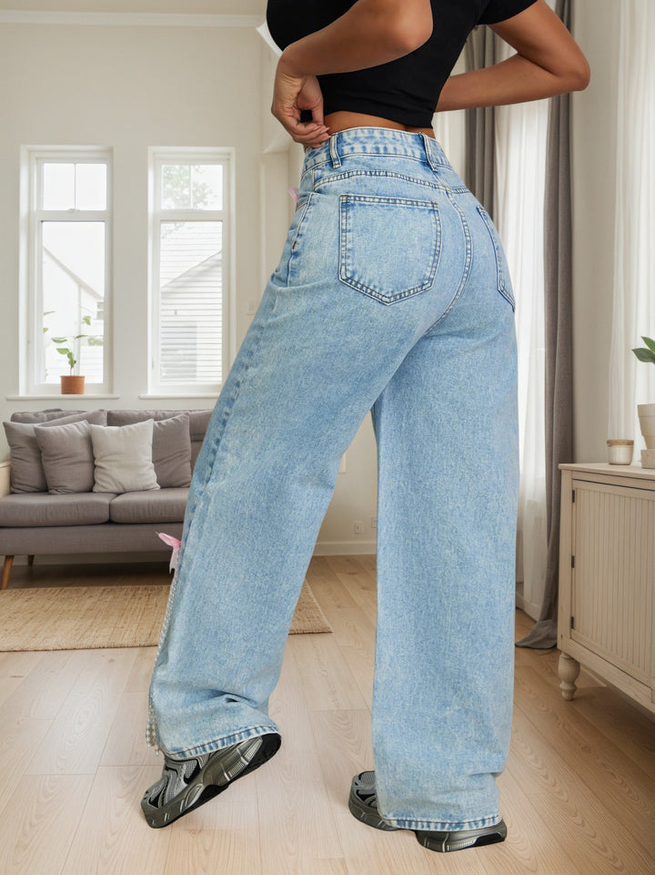 Blue Bow And Chain Embellished Denim