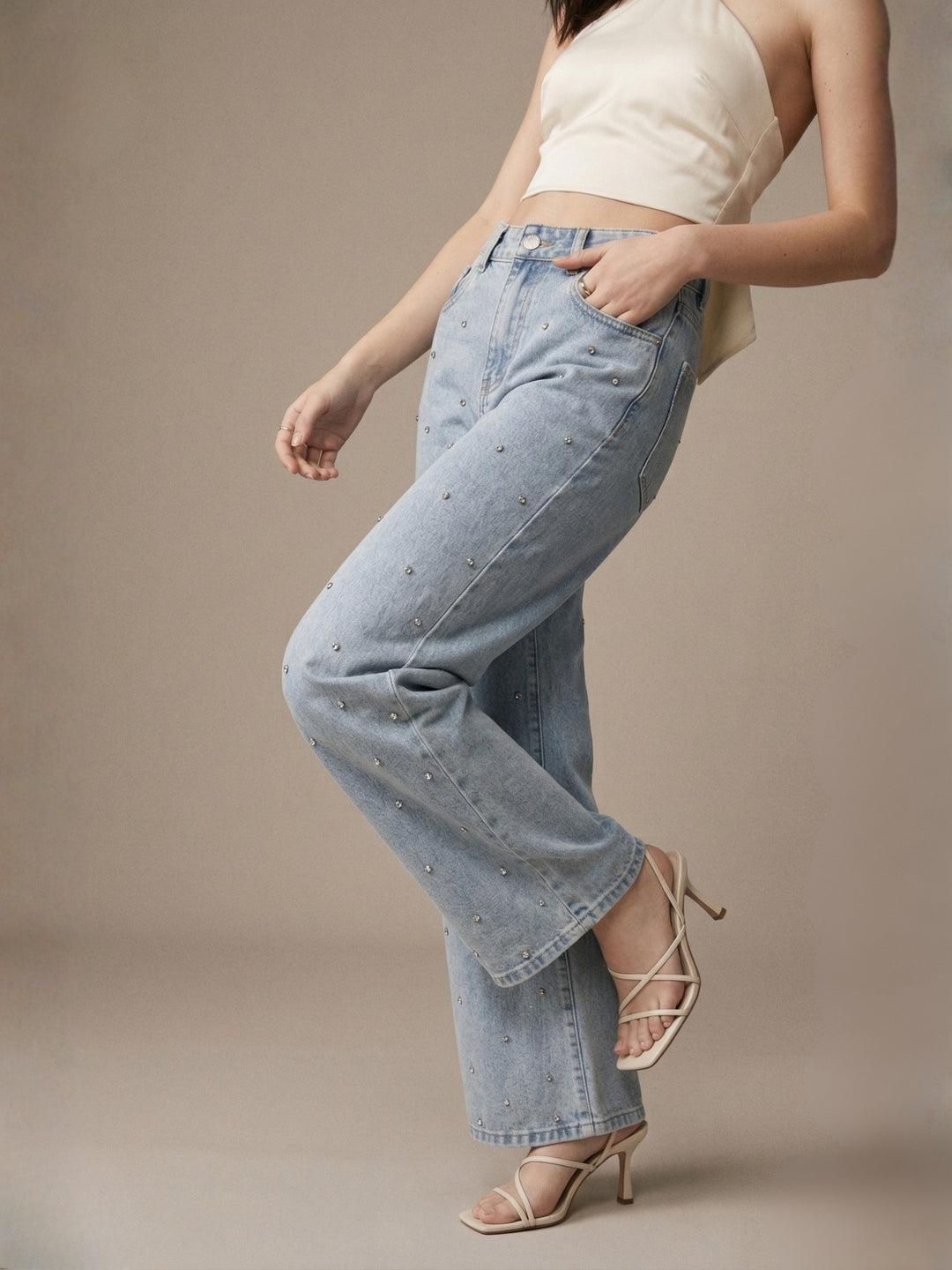 Light Blue All Over Spaced Out Studded Denim