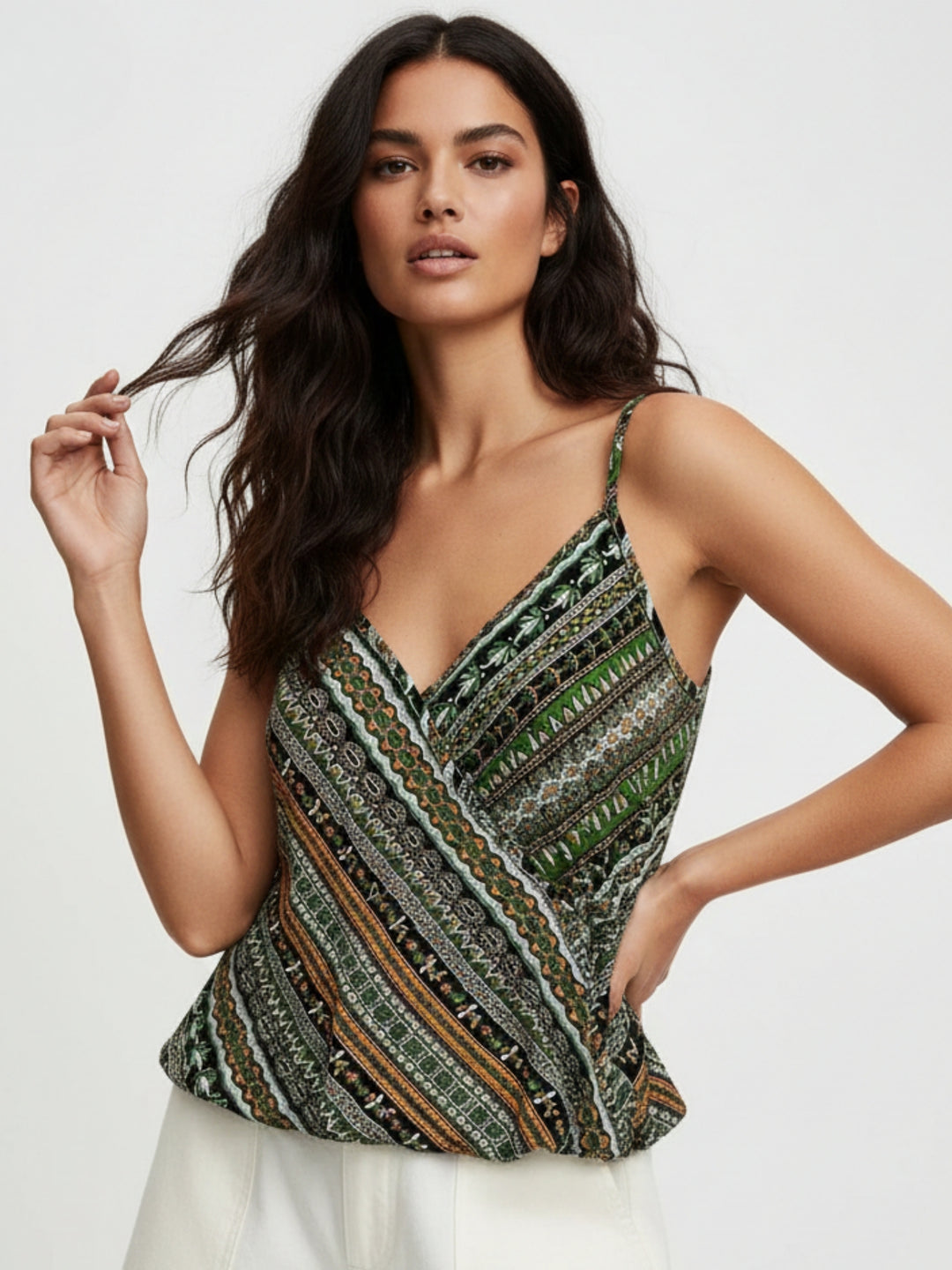 Green Spaghetti Strap Printed Top