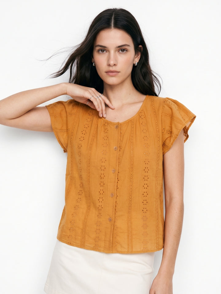 Mustard Button Down Schiffli Top