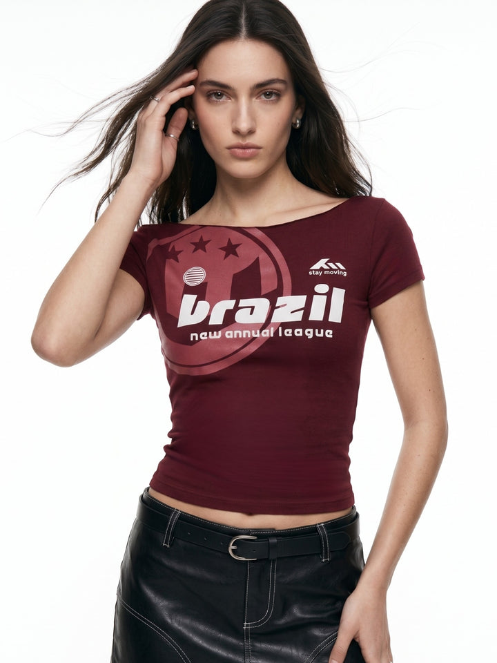 Maroon Off-Shoulder Raw Edge Printed T-Shirt