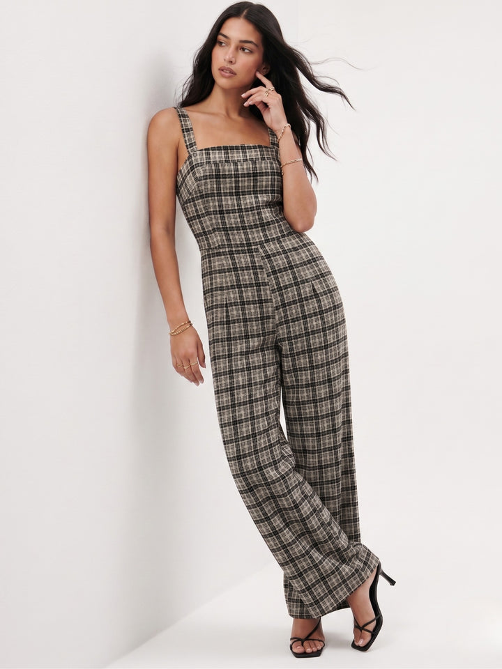 Grey Shoulder Strap Checkered Jumpsuit