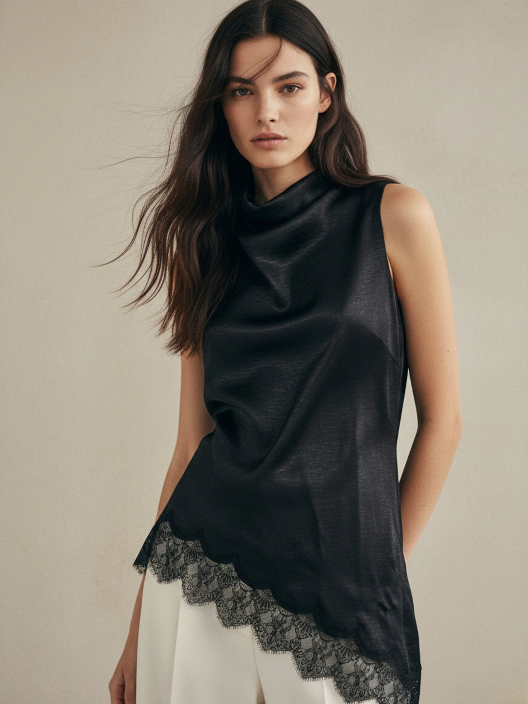 Black Mock Neck Lace Hem Top