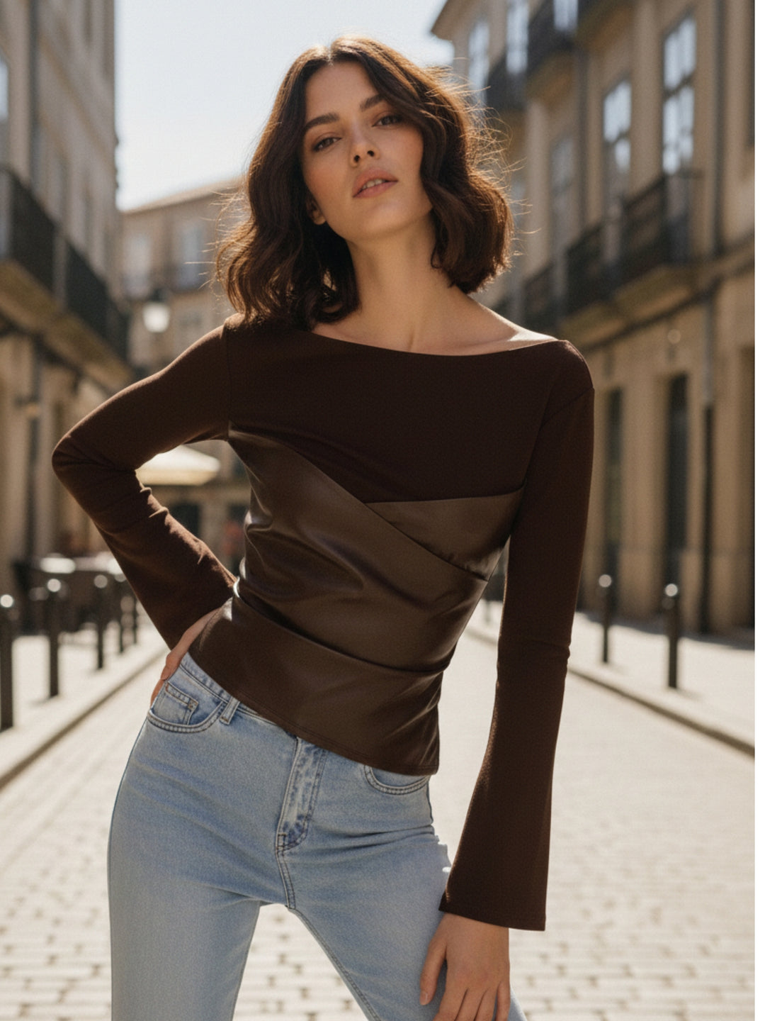 Brown Full Sleeve Pu Leather Top