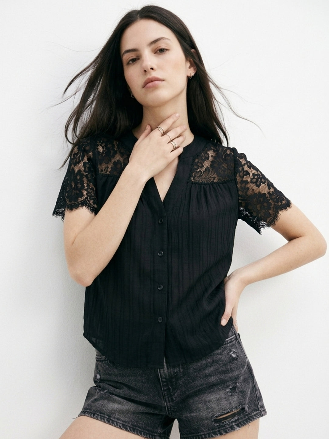 Black V Neck Blousson With Lace Inserts On Sleeves