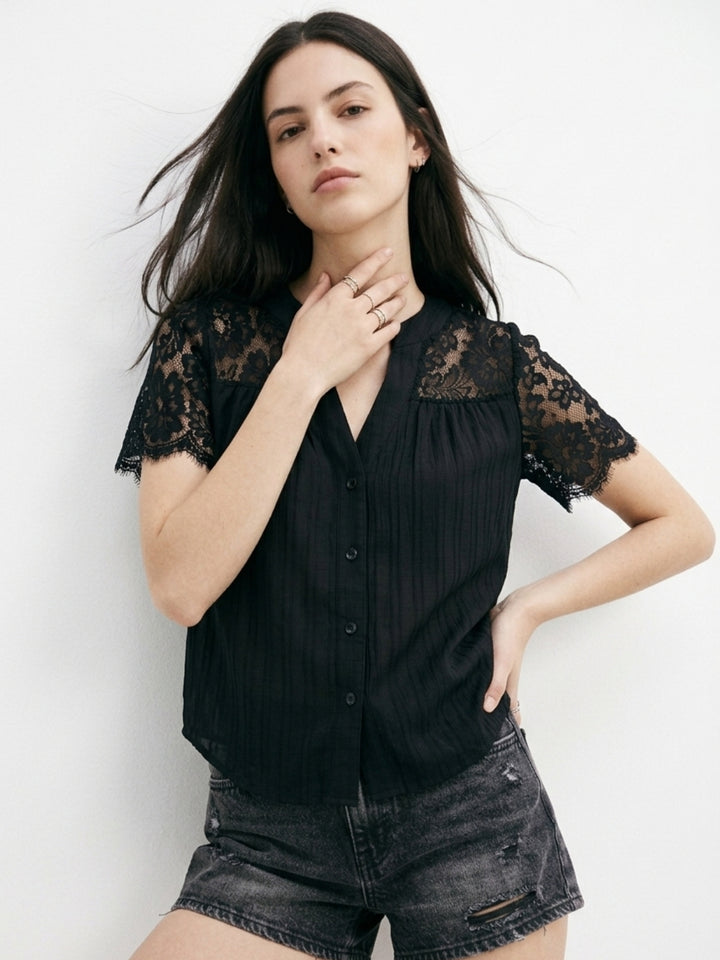 Black V Neck Blousson With Lace Inserts On Sleeves