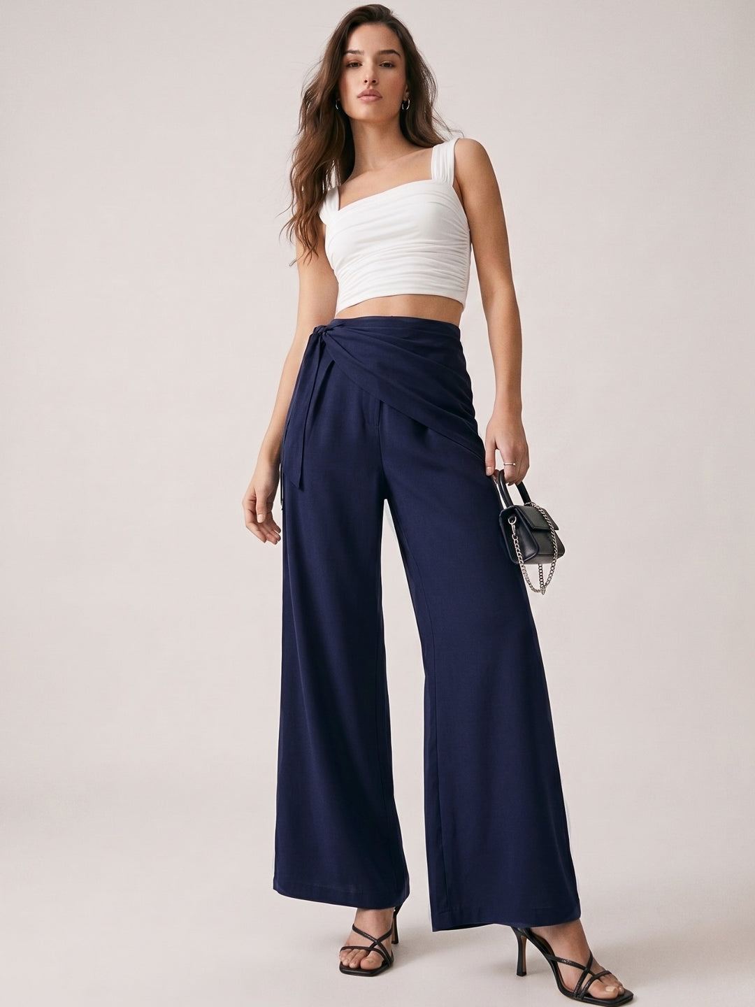 Navy Blue High Waist Wide Leg Wrap Trousers