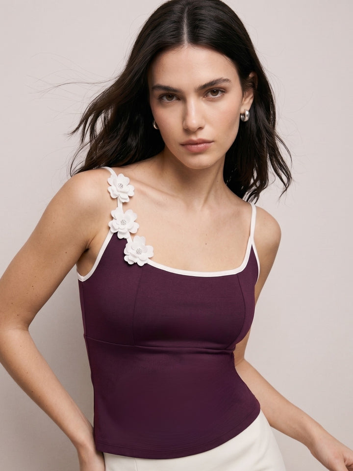 Wine Strappy Fitted Camisole With Floral Straps