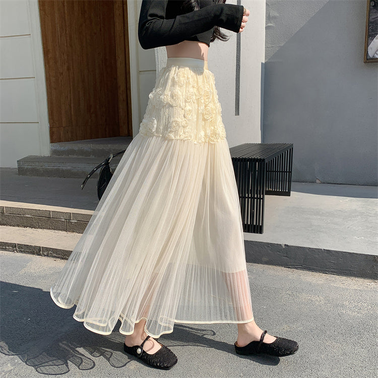 Cream Rosette Detailed Half And Half Pleated Skirt