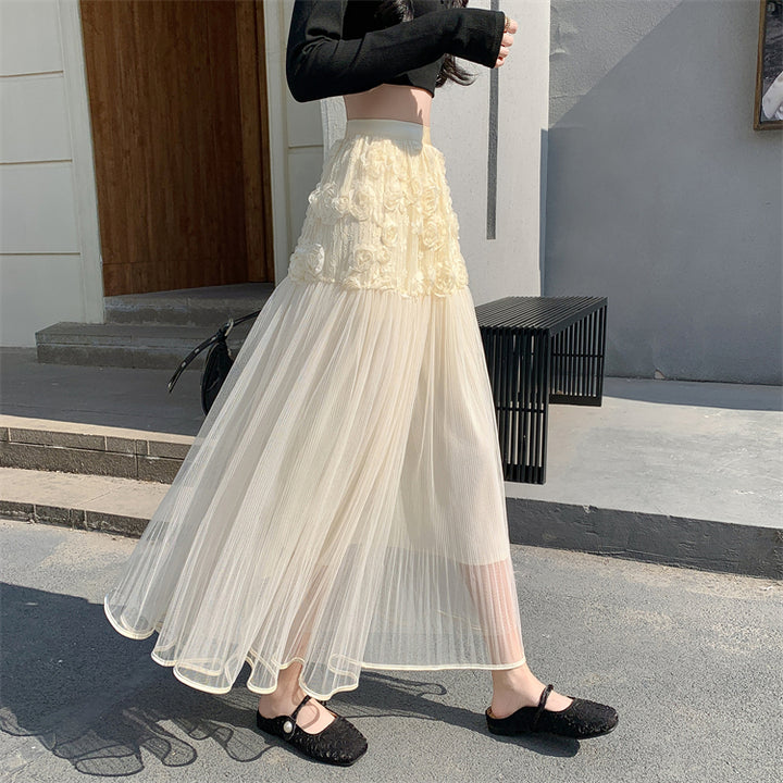 Cream Rosette Detailed Half And Half Pleated Skirt