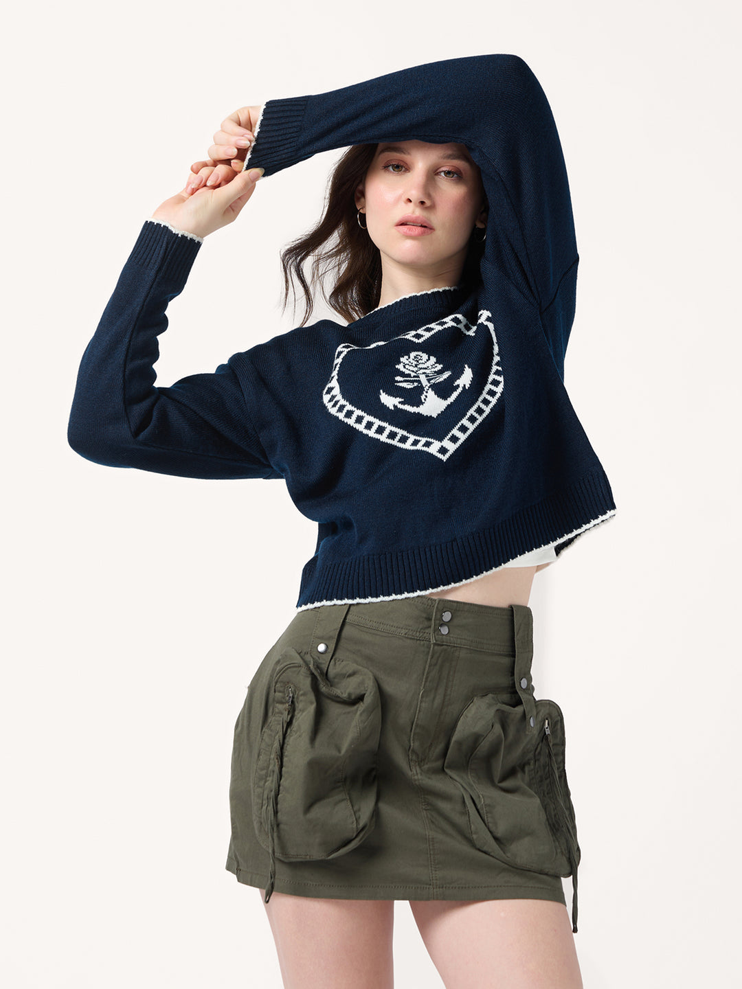 Navy Blue Contrast Stitch Hem And Neck With Graphic Sweater