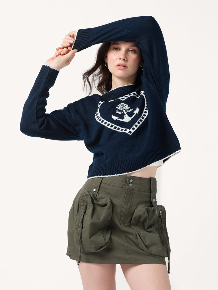 Navy Blue Contrast Stitch Hem And Neck With Graphic Sweater