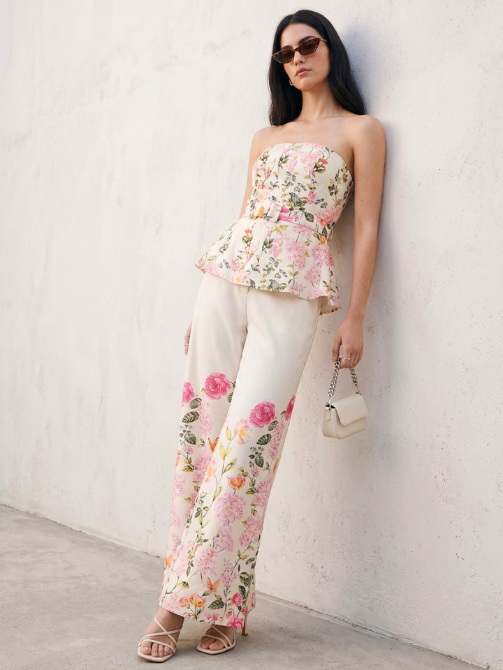 Off White Floral Printed Off Shoulder  Co-Ord Set With Belt