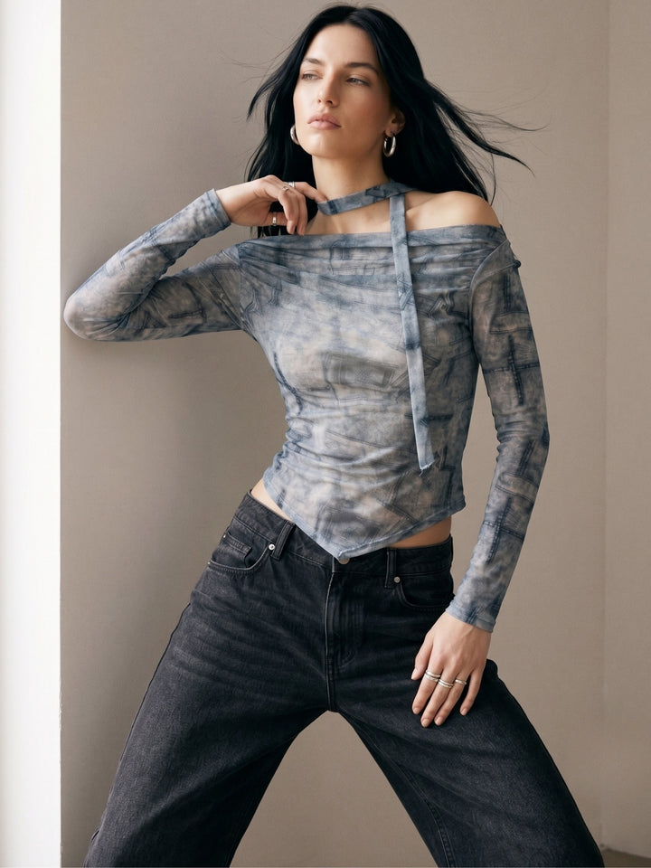 Blue Off-Shoulder Printed Top With Neck Tie Detail