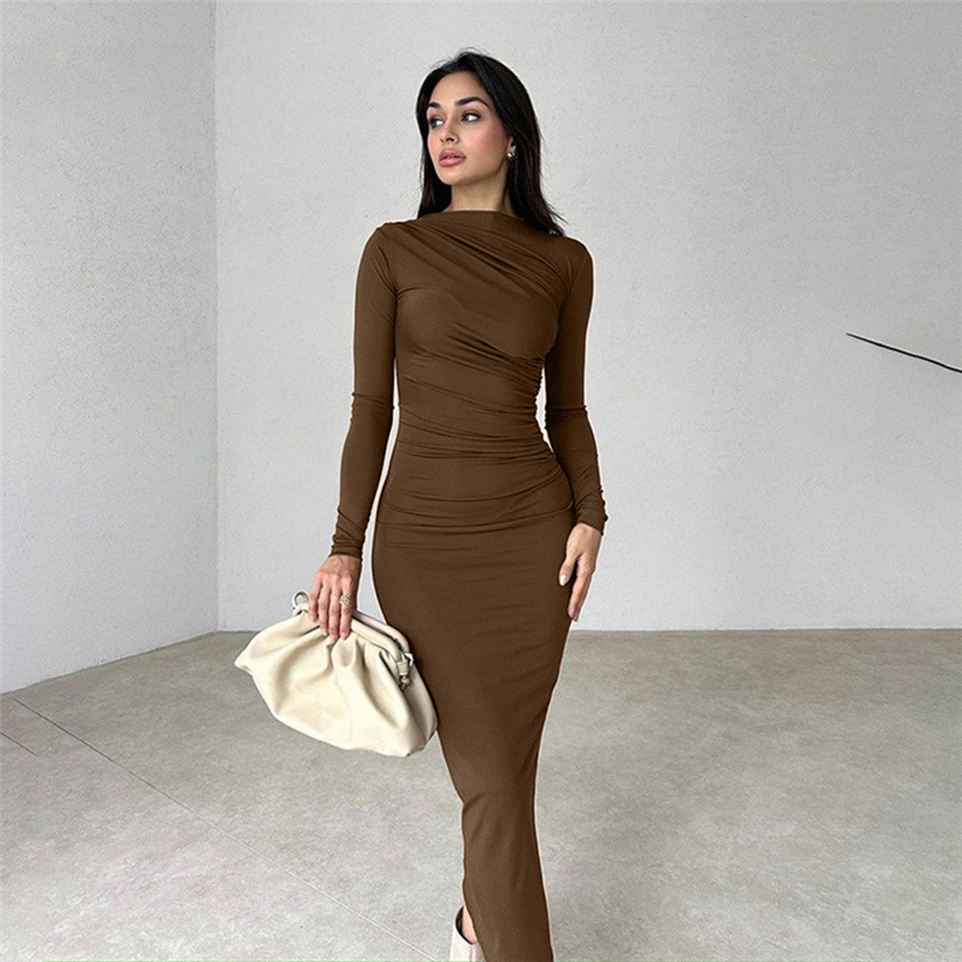 Solid Brown Side Ruched Dress