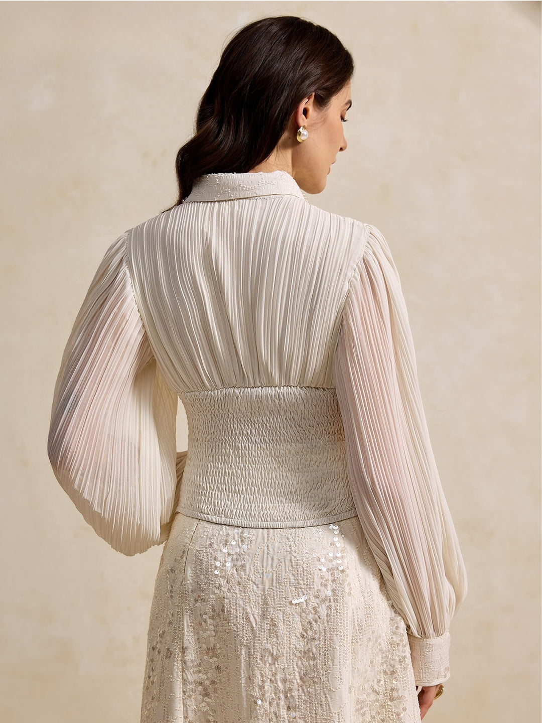 Off White Balloon Sleeve Corset Fitted Top