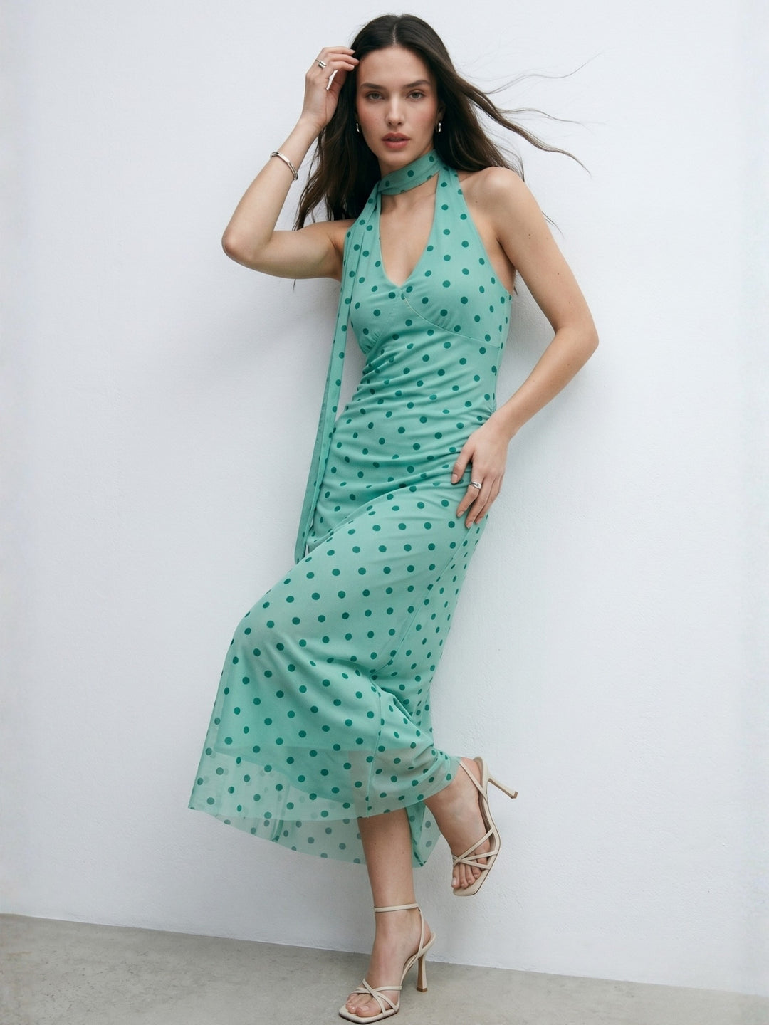 Green Halter Neck Mesh Polka Printed Dress