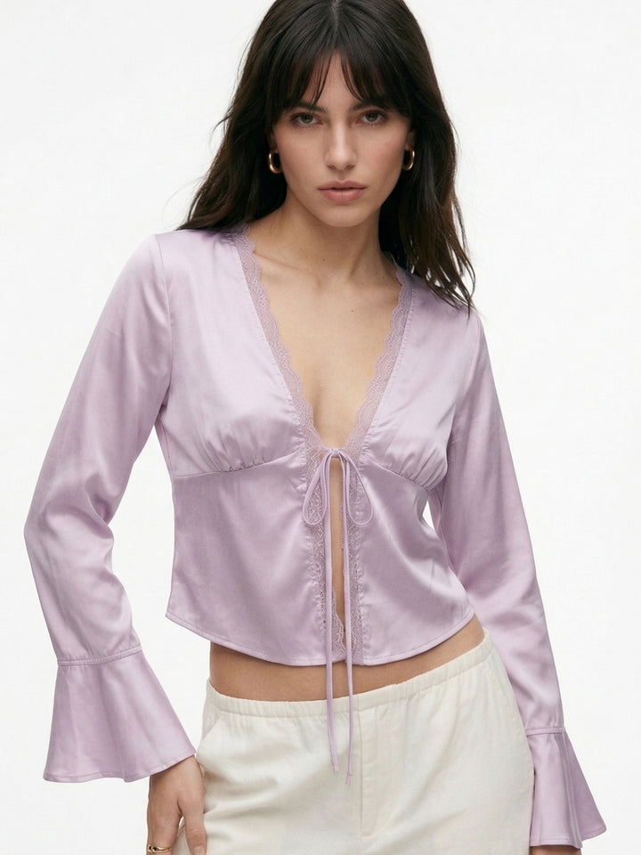 Pink Bell Sleeves Front Tie-Up Lace Top