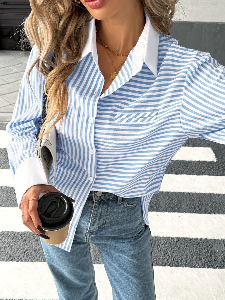 Blue Constrast Cuff Striped Shirt