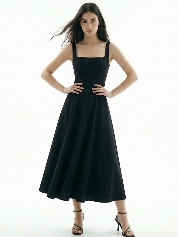 Black Square Neck Flared Dress
