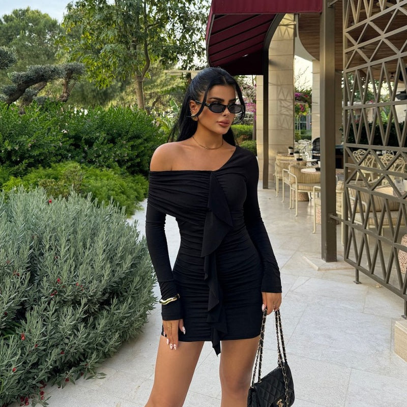 Solid Black One Shoulder Ruched Dress