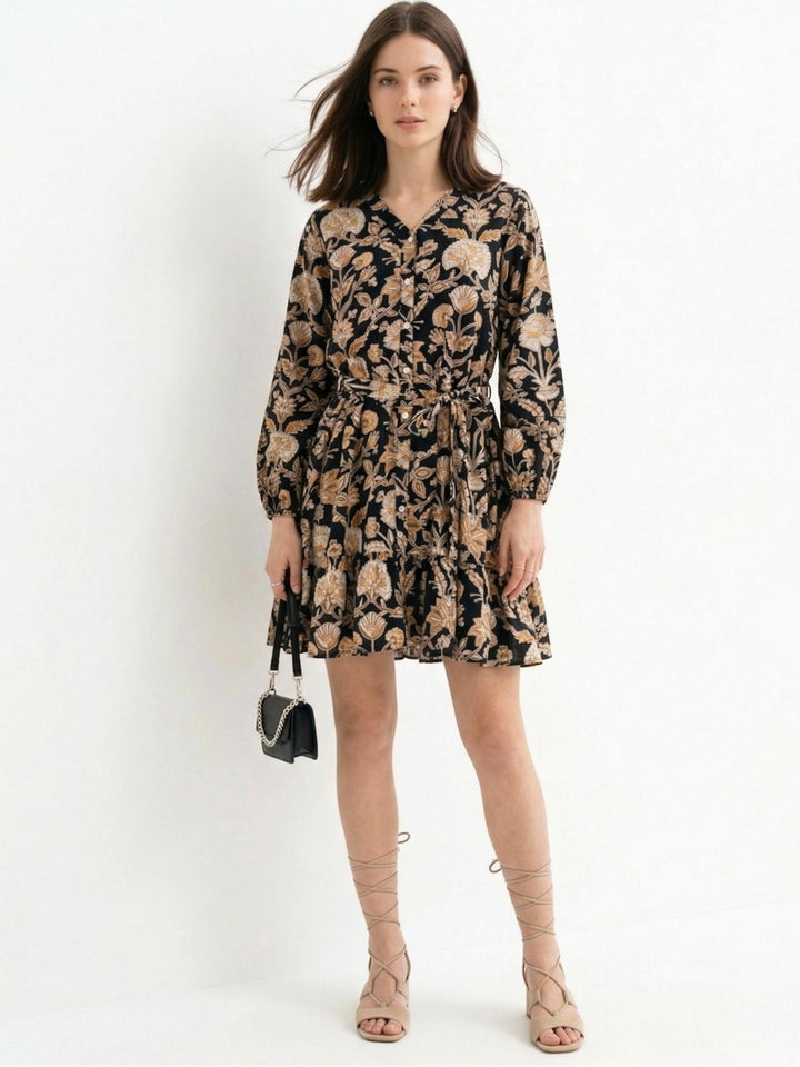 Black V Neck Printed Tier Dress With Belt