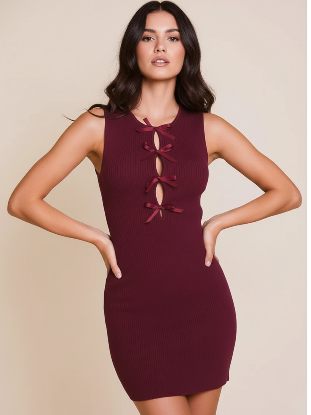 Maroon Front Bow Fitted Dress