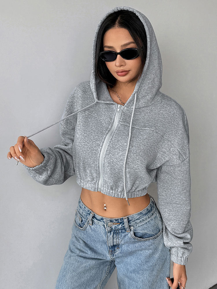 Grey Full Sleeve Front Zip Hooded Jacket