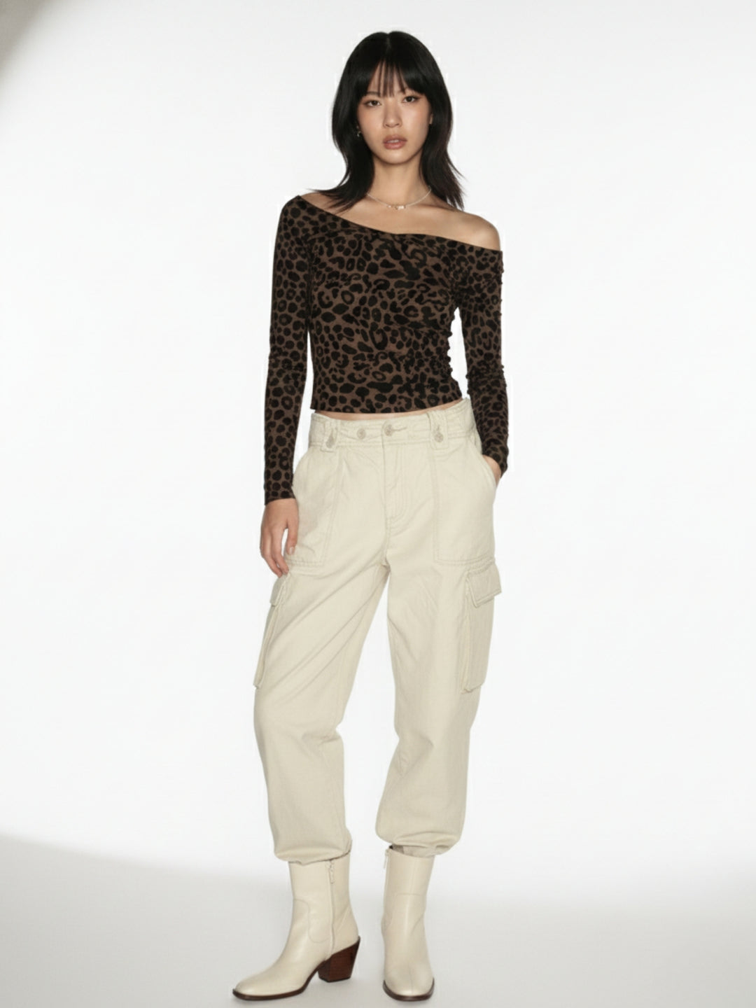 Brown Full Sleeve Off Shoulder Printed Top