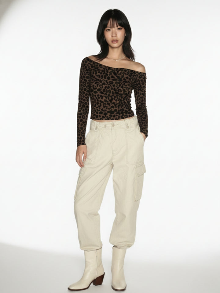 Brown Full Sleeve Off Shoulder Printed Top