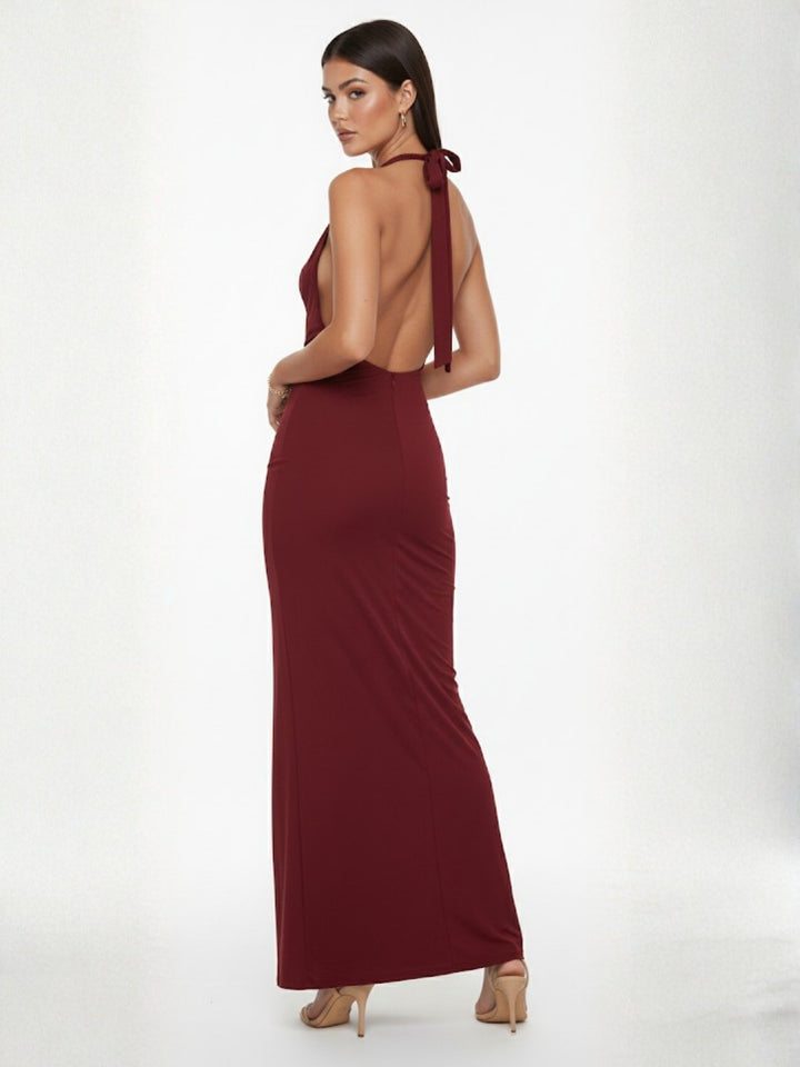 Maroon Halter Cowl Neck Dress