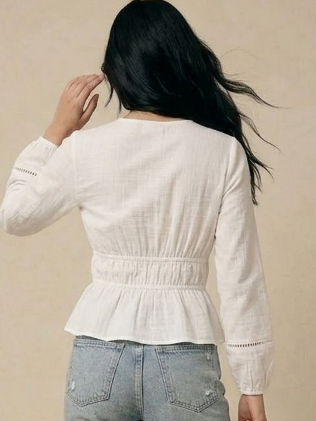 White Bishop Sleeve Front Tie-Up Top