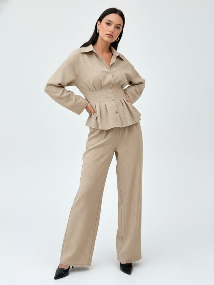 Beige Full Sleeve Fitted Shirt And Pant Set