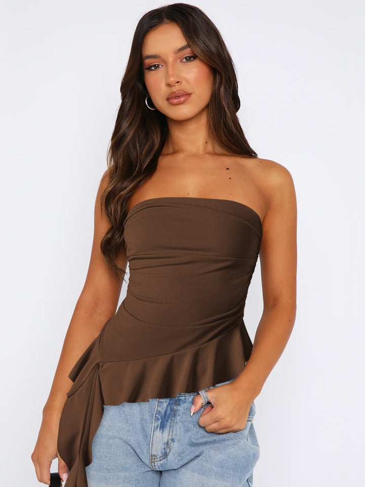 Brown Ruffle Hem Tube Top