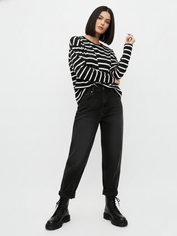 Black Full Sleeve Striped Relaxed Sweatshirt