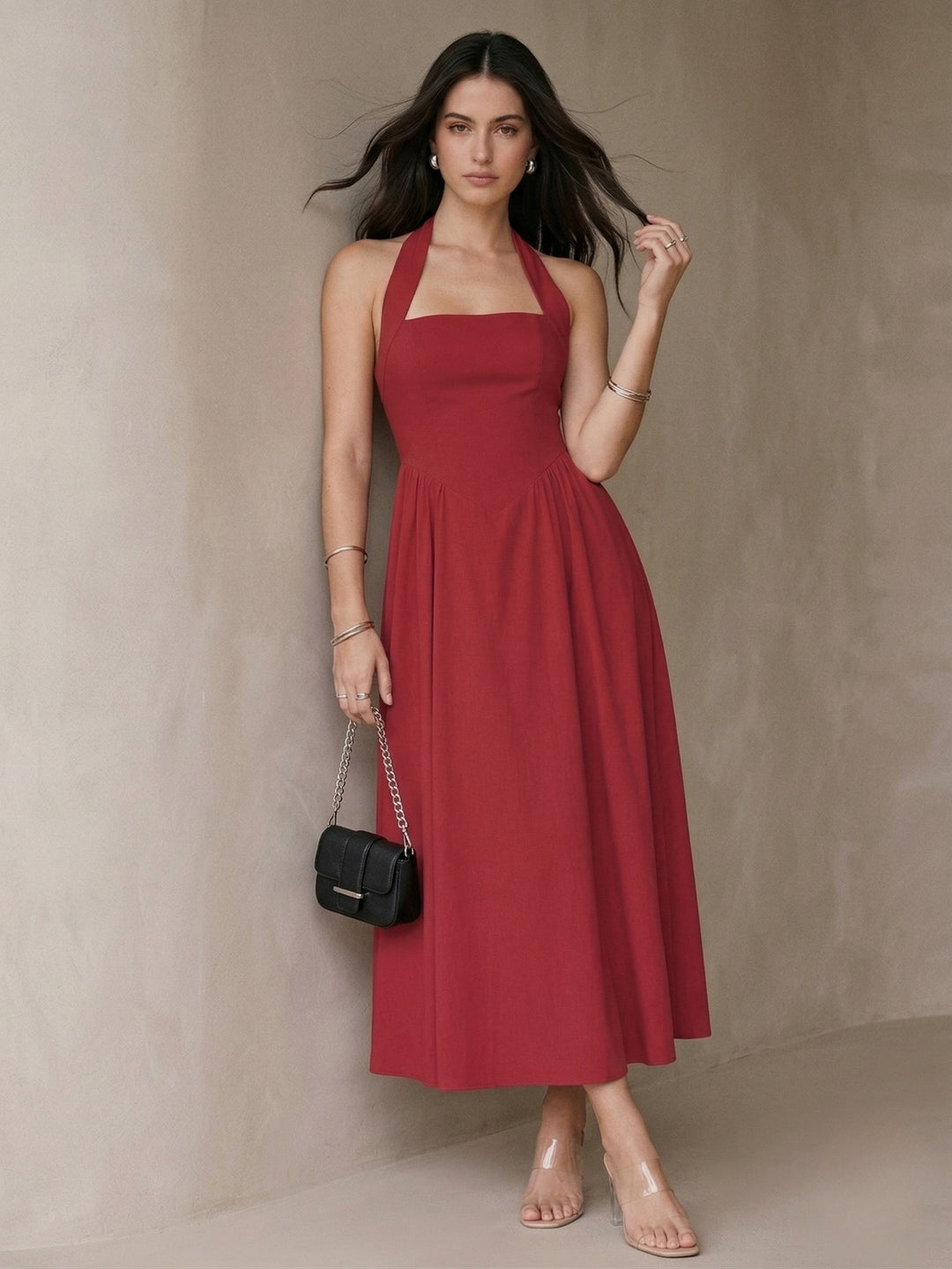 Red Halter Square Neck Dress