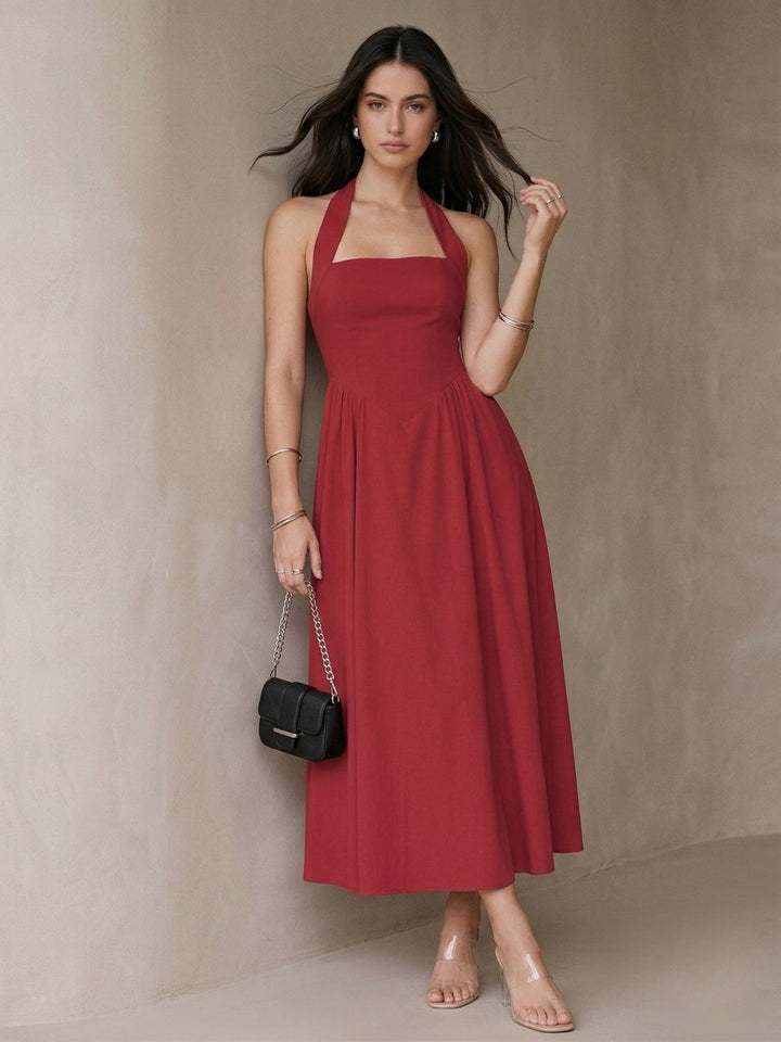 Red Halter Square Neck Dress