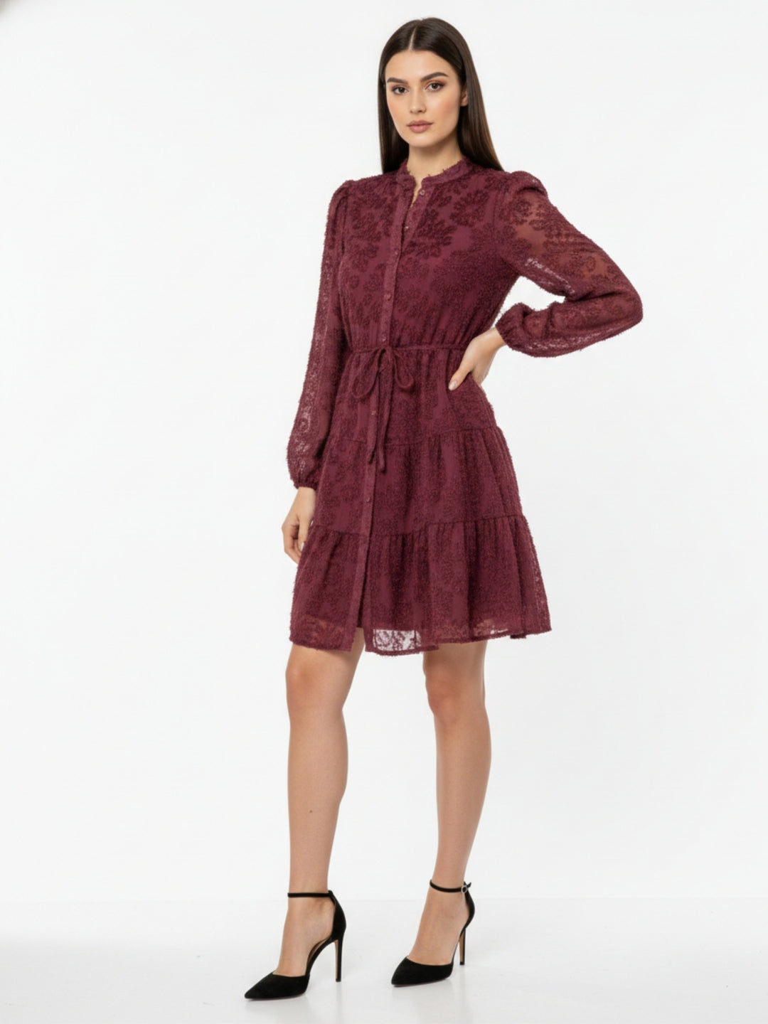 Wine Textured Shirt Dress