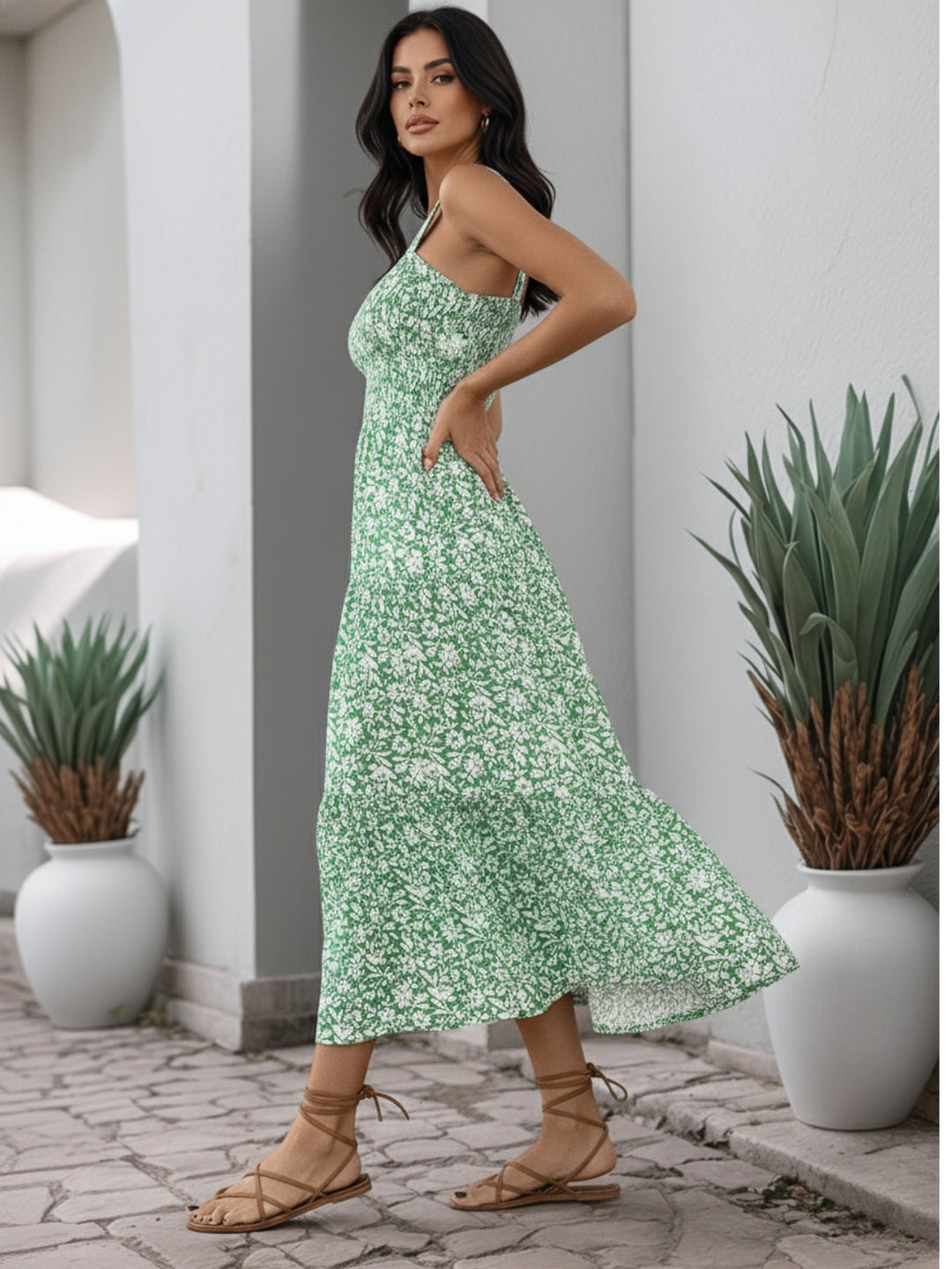 Green Shoulder Strap Waist Fitted Printed Dress