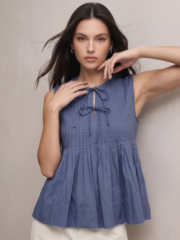 Blue Flowy Contrast Color Tie-Up Top