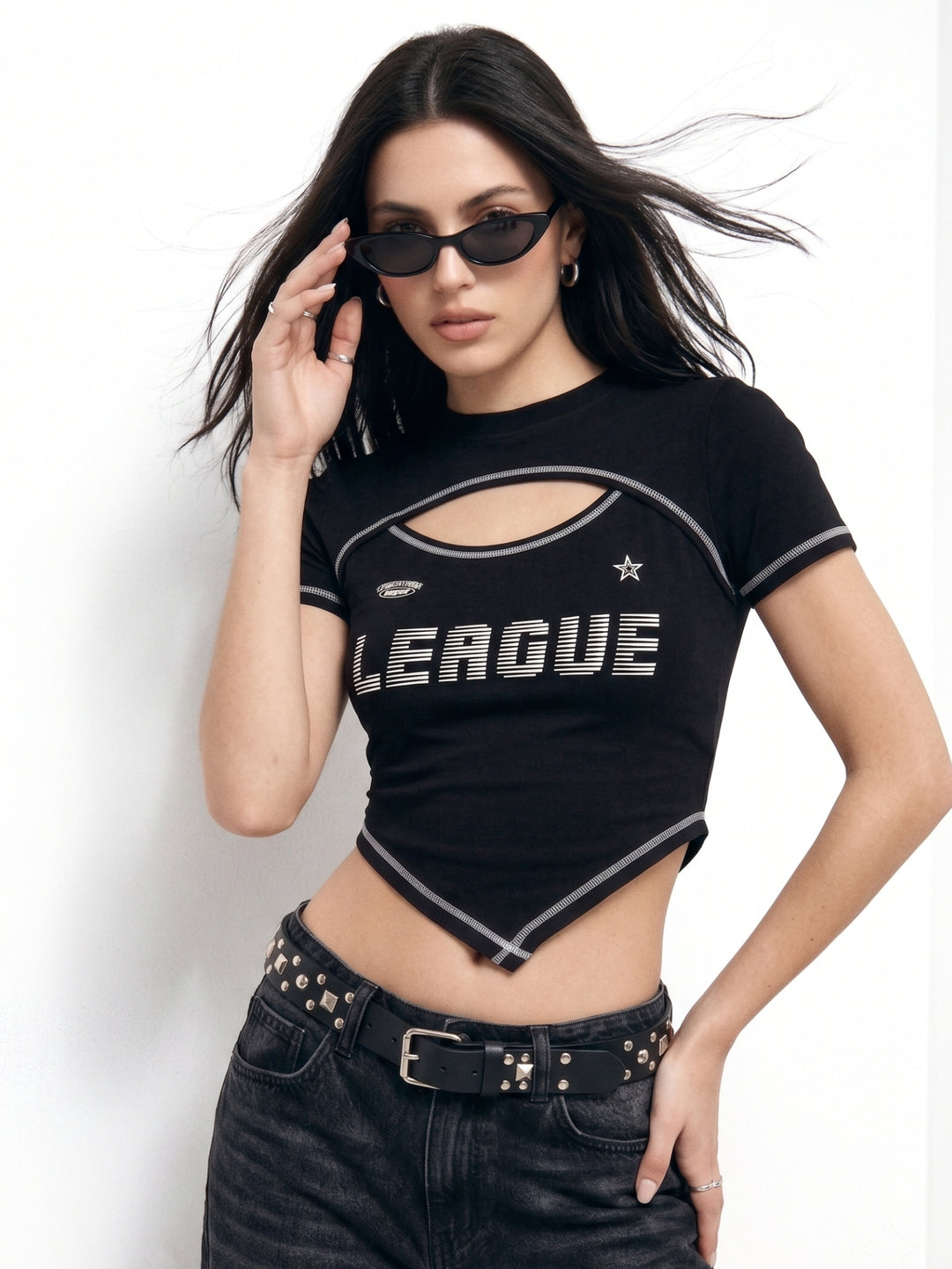 Black V Hem Contrast Stitch And Cut Out Neck Graphic Printed T-Shirt