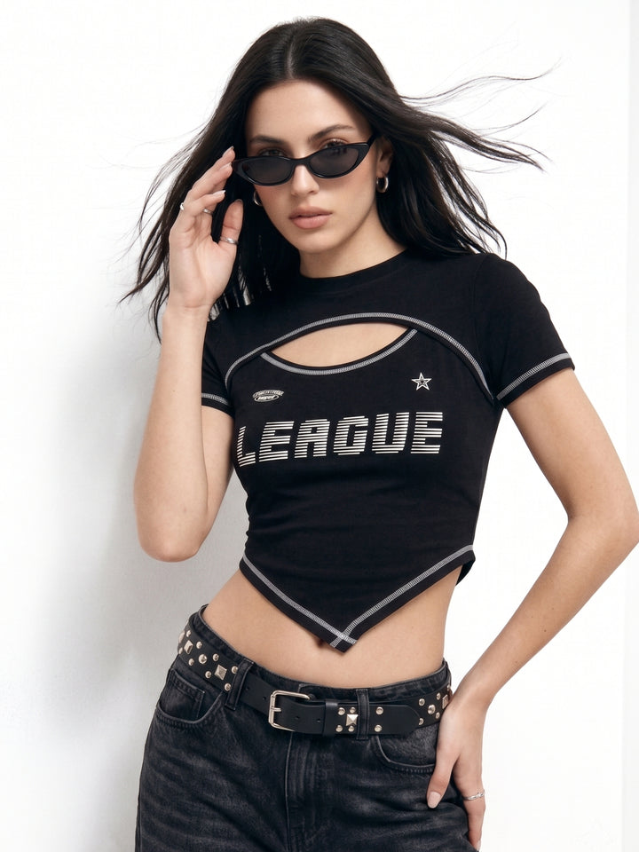 Black V Hem Contrast Stitch And Cut Out Neck Graphic Printed T-Shirt