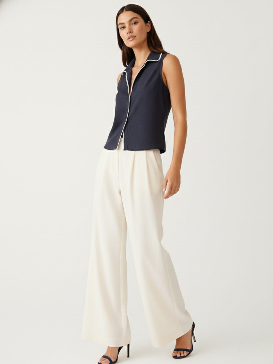 Navy Blue Sleeveless Contrast Piping Shirt