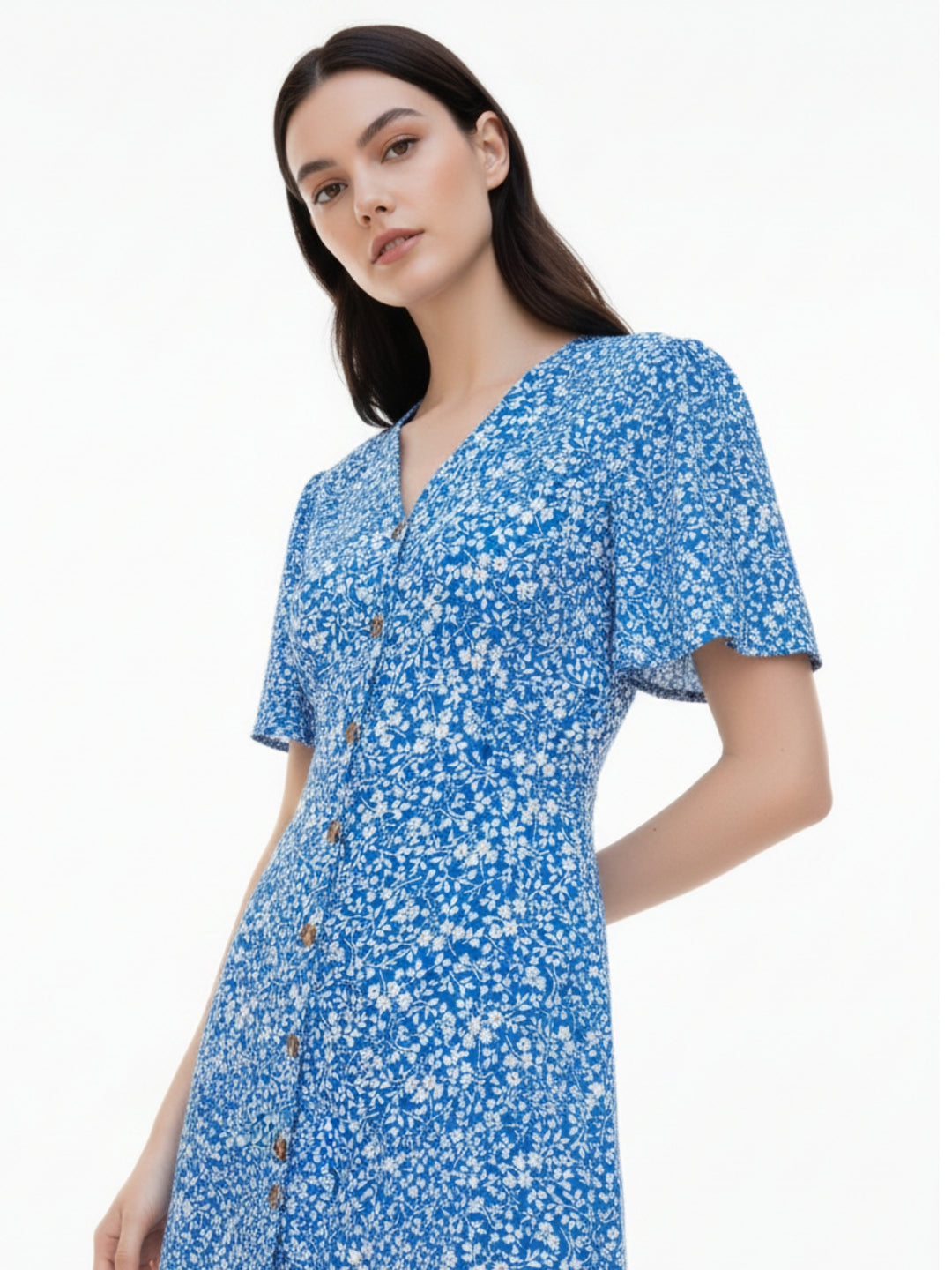 Blue Short Sleeve V Neck Printed Dress