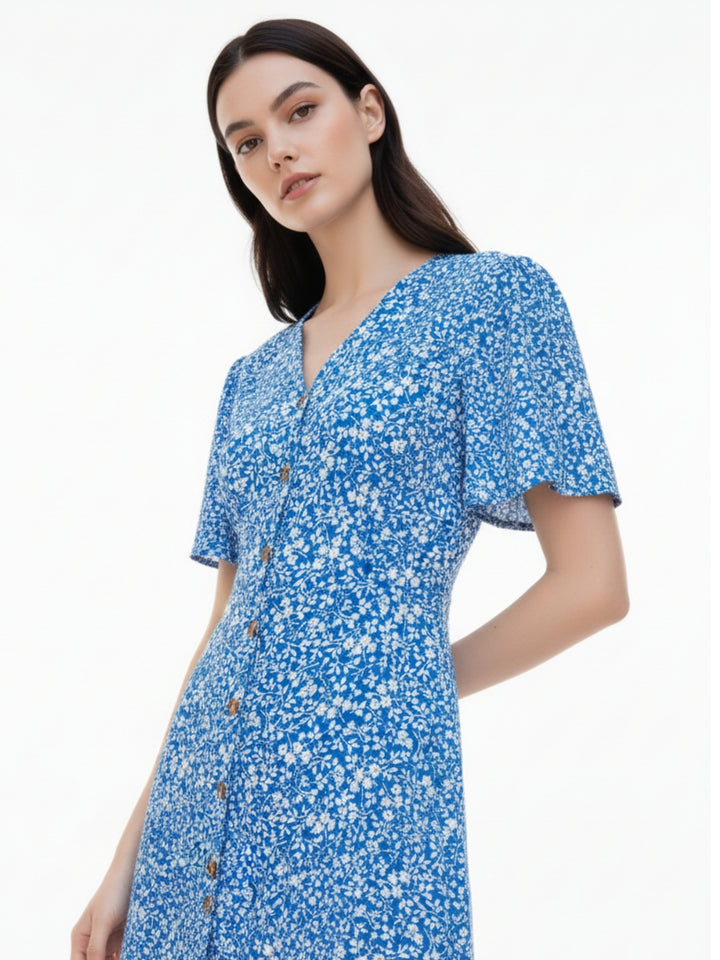 Blue Short Sleeve V Neck Printed Dress
