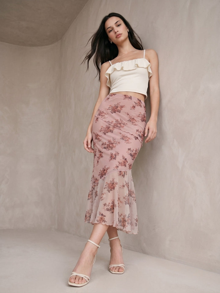 Pink Pencil Fitted Printed Mesh Skirt