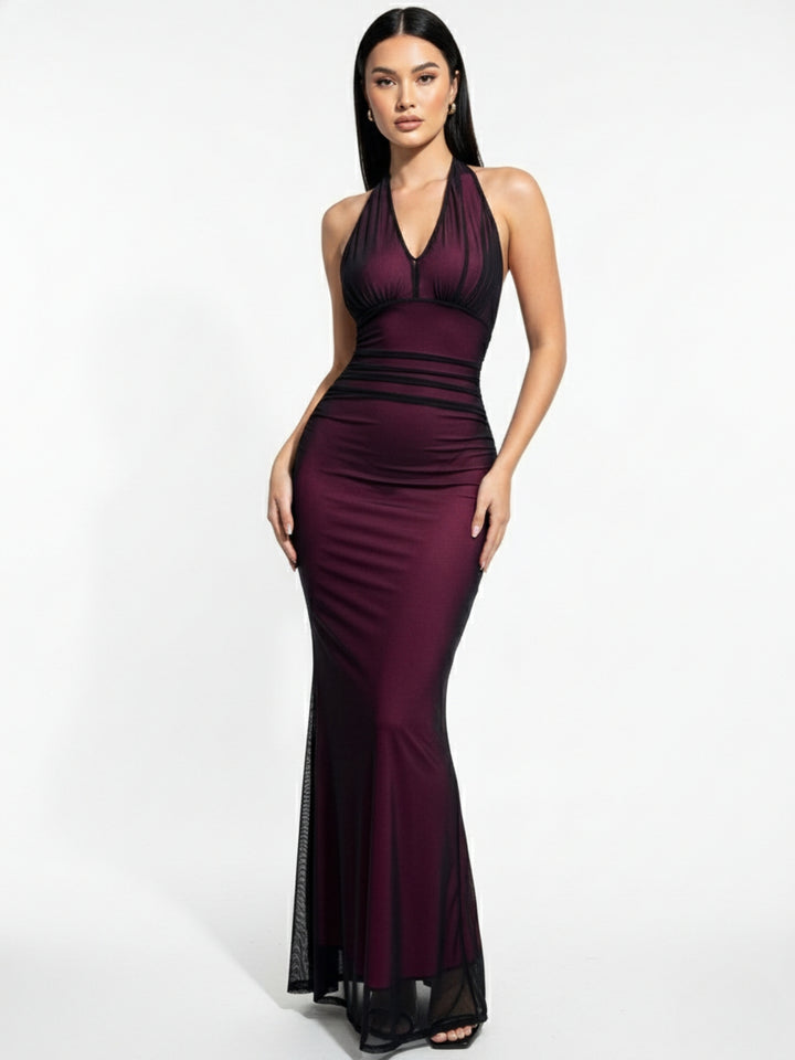 Wine Halter Neck Mesh Detail Dress